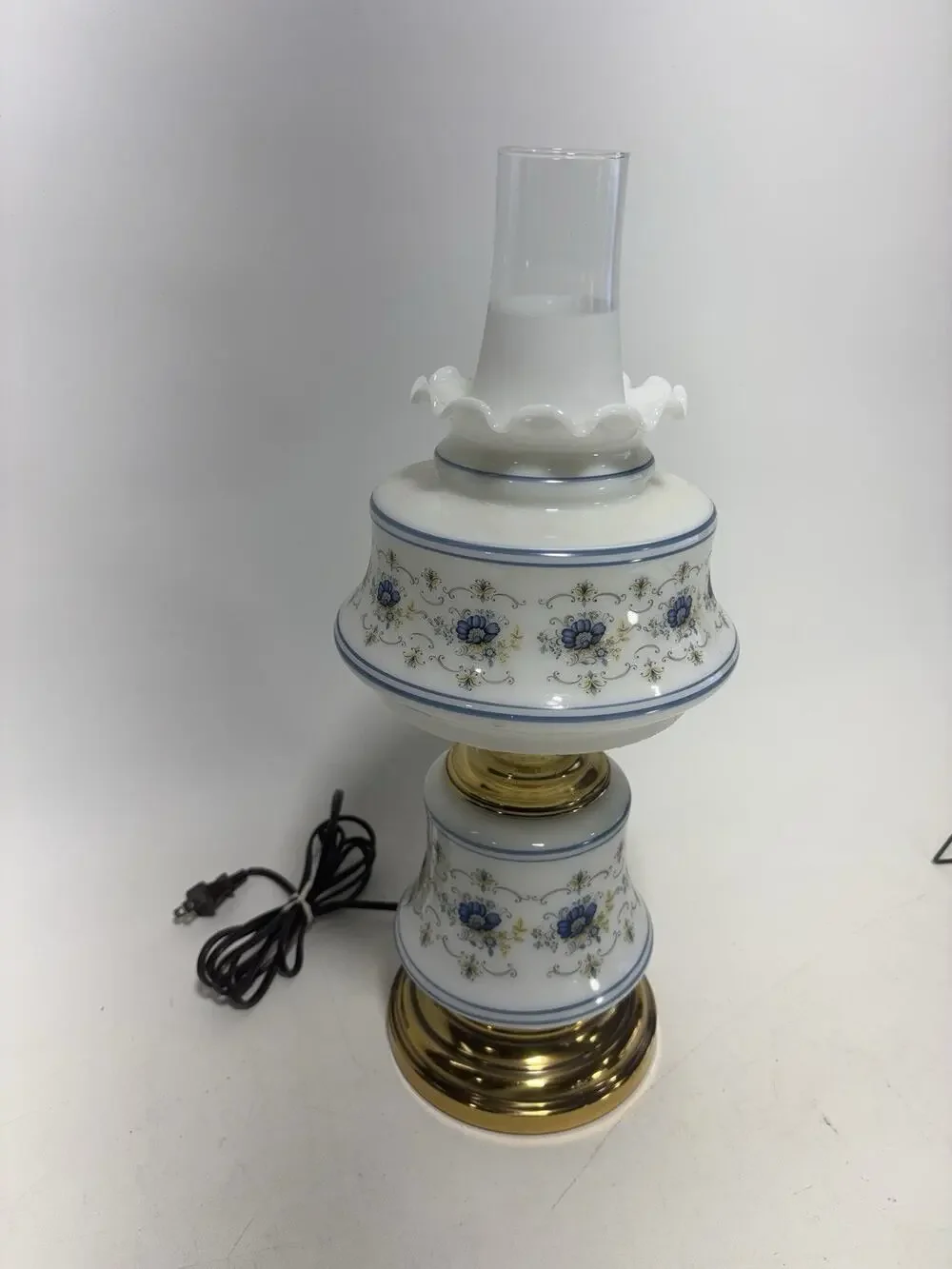 Abigail Adams Hurricane Lamp Blue Floral Milk Glass Table Lamp 20” Vintage